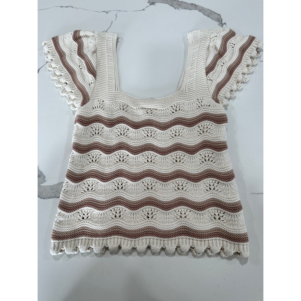 Jessica Simpson Women's L Crochet Knit Top Tan Cream Wave‎ Pointelle Flutter Sl